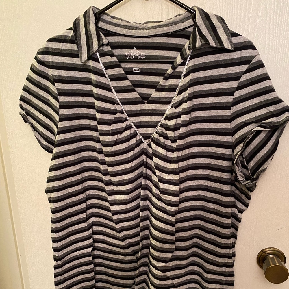 Route 66 Black & Gray Striped Polo with Silver Accent